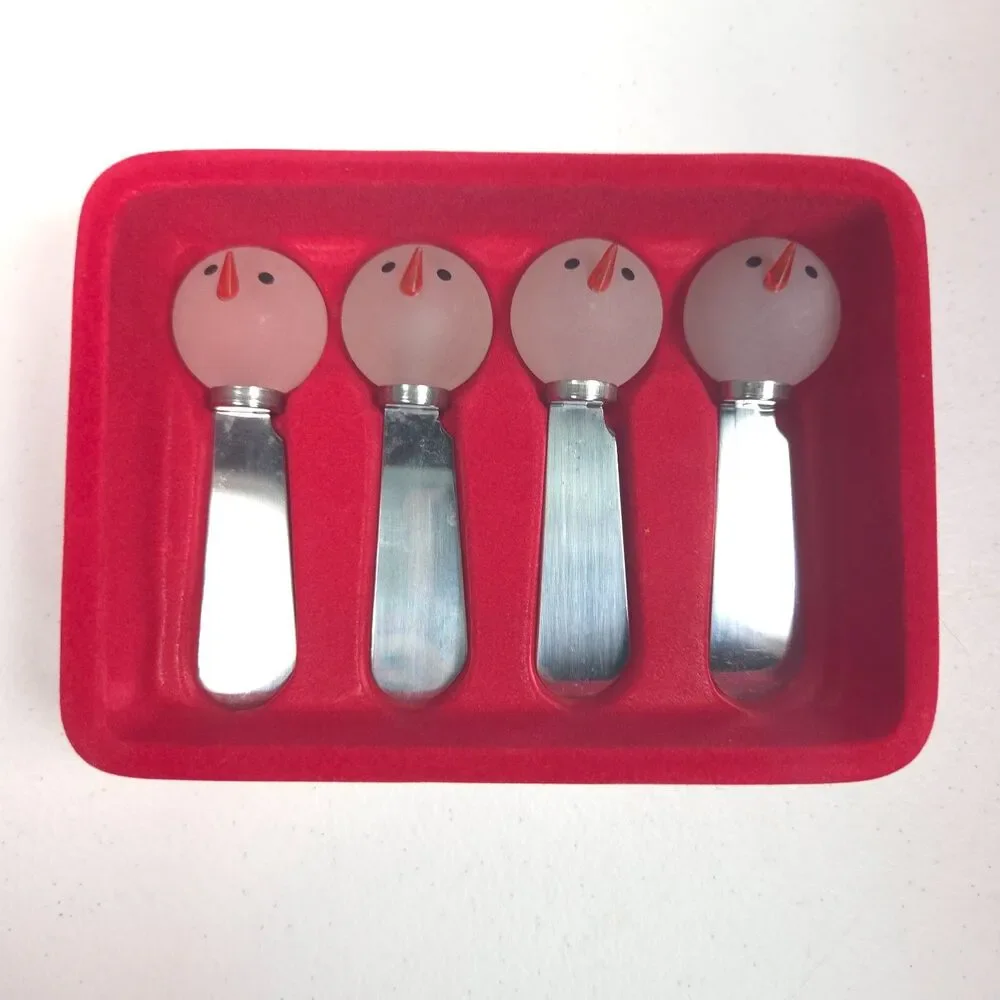 Vintage Snowman Glass Cheese Spreaders Set of 4 Holiday Appetizer Knives